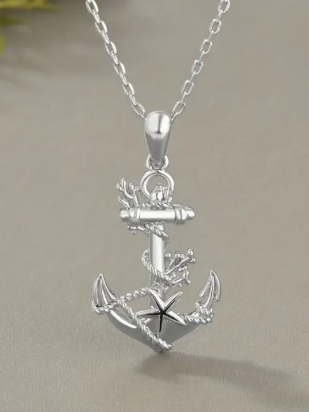Unisex Silvertone Boat Anchor Embellished Pendant Necklace Platinum Plated